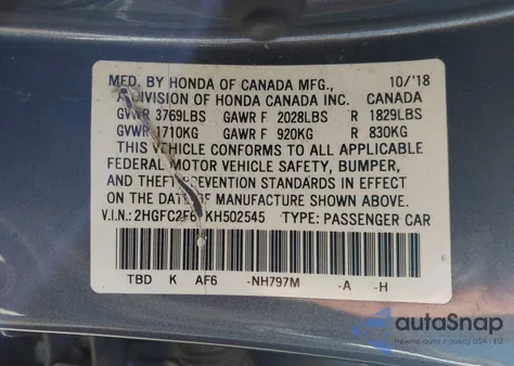 2019 Honda Civic Lx из США, поврежденный, VIN 2HGFC2F67KH502545